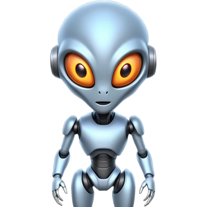 robotic alien character, metal body parts, glowing eyes, futuristic alien design, sci-fi vibe, 3D cartoon, mobile game icon style, clean background, no text, no watermark
 emoji