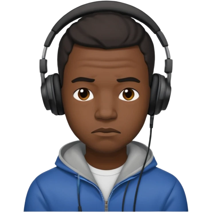 A 25-year-old black man with headphones on and pouting. emoji
