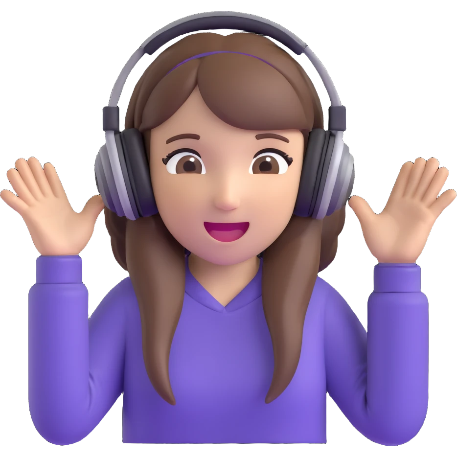 brown-haired gamer girl, excited expression, headphones, head only, emote emoji
