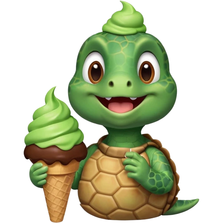 cute turtle portrait, head and shoulders only, licking an ice cream cone, funny happy expression, 3D cartoon, mobile game icon style, clean background, no text, no watermark
 emoji