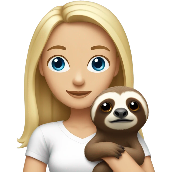 Lady with shoulder length blonde hair and blue eyes in white t-shirt holding a sloth emoji