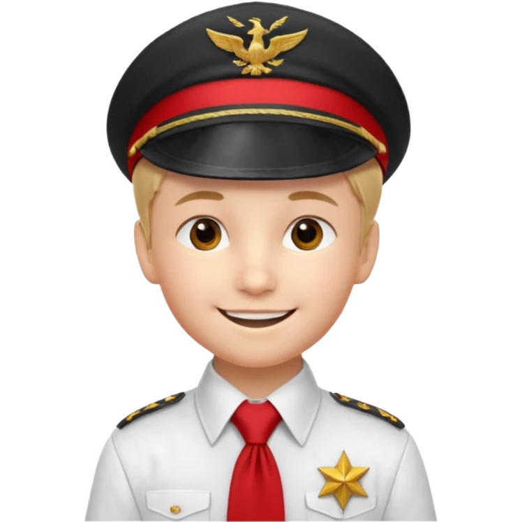 A Soviet pioneer emoji — smiling young boy wearing a white shirt with a bright red pioneer necktie and a classic red pilotka cap. The pilotka should look like a Soviet military cap, not a cowboy hat. Flat, smooth 3D shading emoji