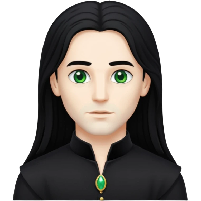 Louis de Pointe du Lac with white skin, green eyes , long black hair, black outfit emoji