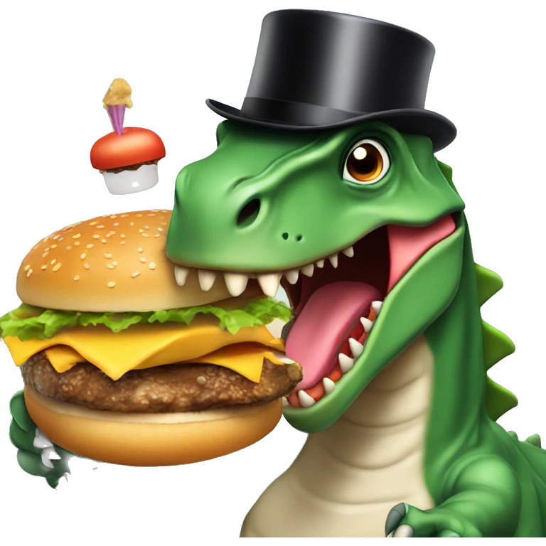dinosaur wearing a top hat eating a burger emoji