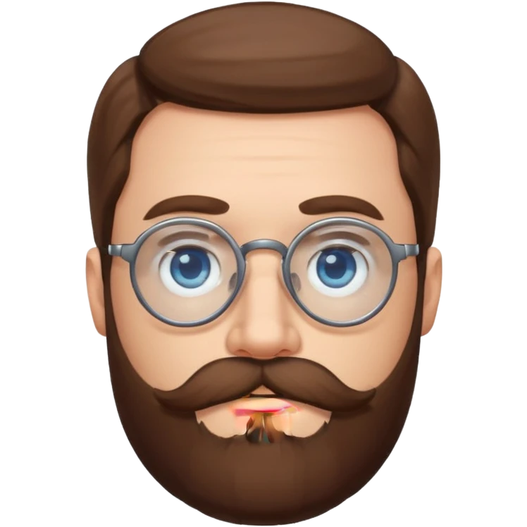 White man with blue eyes, long brown hair, large round glasses, mustache and beard emoji