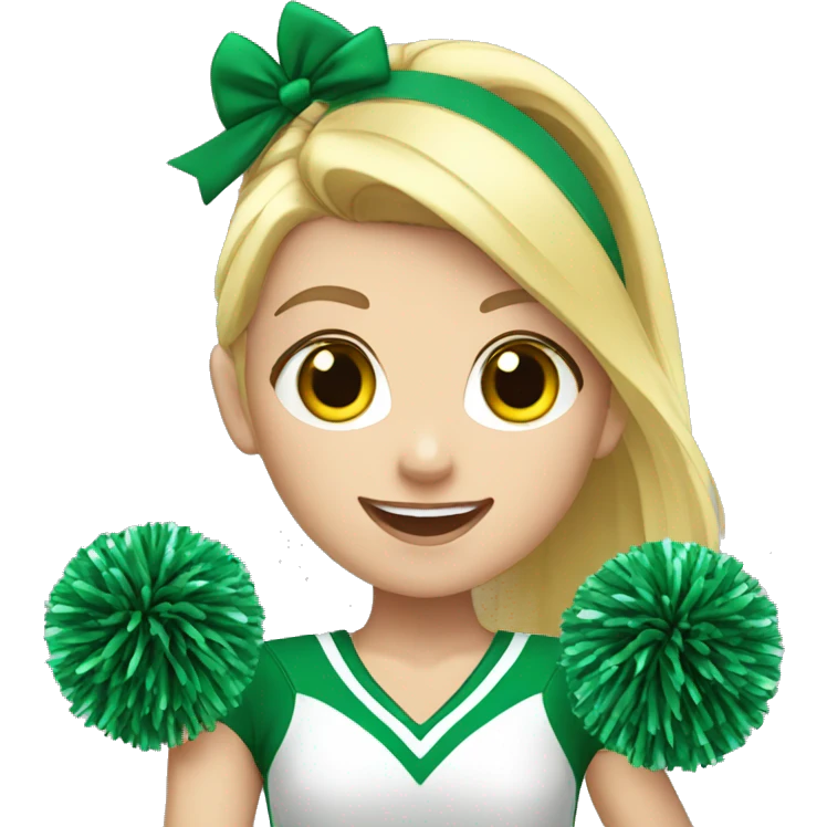 White girl Cheerleader cheering with green and yellow uniform and poms emoji