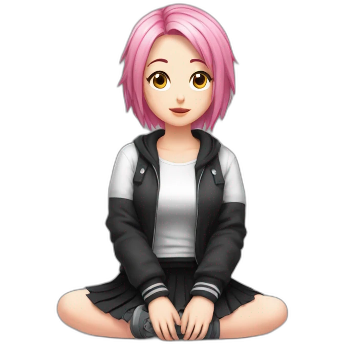 Full body Front view curvy emo girl pink hair sits on the floor straight view hands up black skirt белые трусики emoji