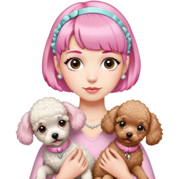 short pixie bangs platinated woman pink hair band，fair-skinned ,no earringsholding two poodles emoji
