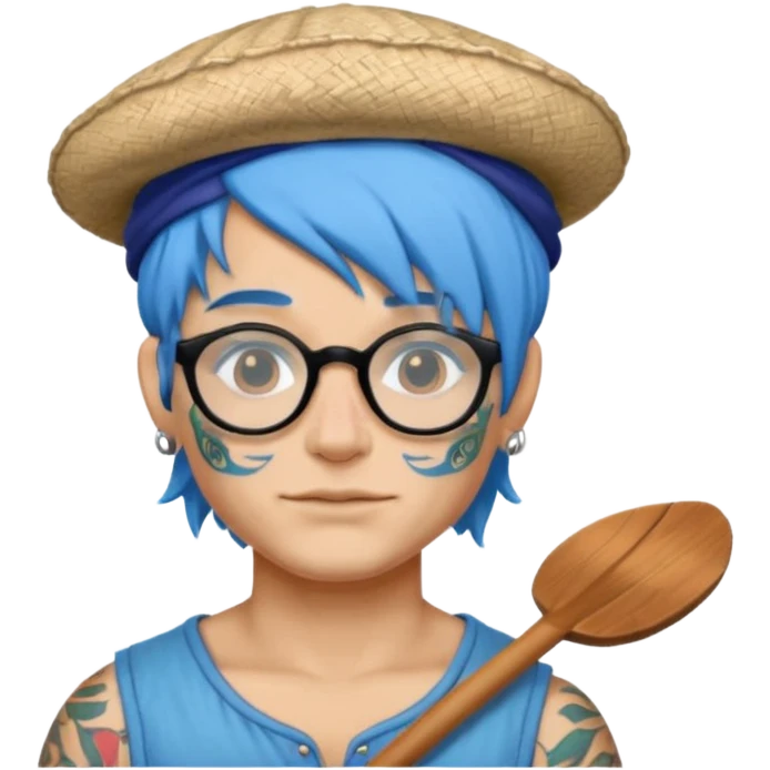 very tattoed face, normal glassess, fat venice gondolier with iconic hat and blue hair woman emoji