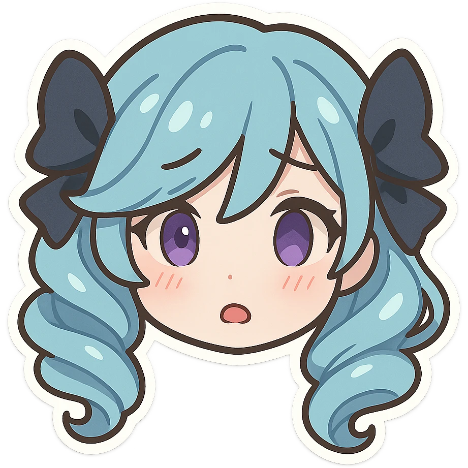 Gwen from League of Legends, chibi emote style, only head visible, right eye purple, shy expression, mouth slightly open, cute and expressive emoji