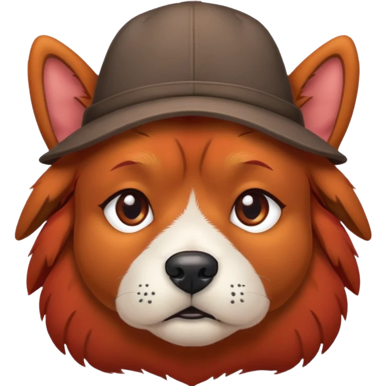 red dog with sad eyes and a hat emoji