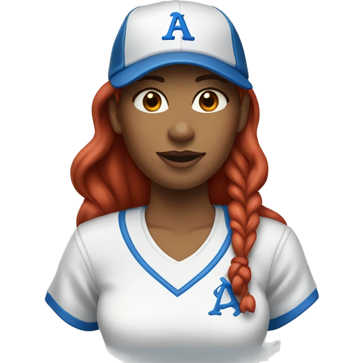 front facing standing up female coach with long red hair, wearing a white t-shirt and a simple baseball blue hat emoji