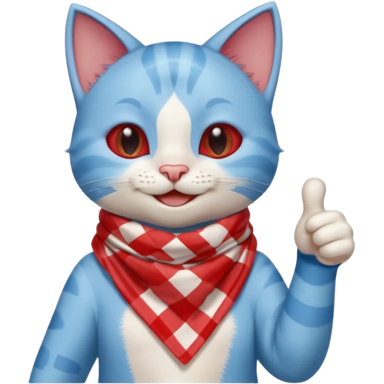 A Baby Blue Cat smiling and giving thumbs up, wearing red Checkered Triangle scarf emoji