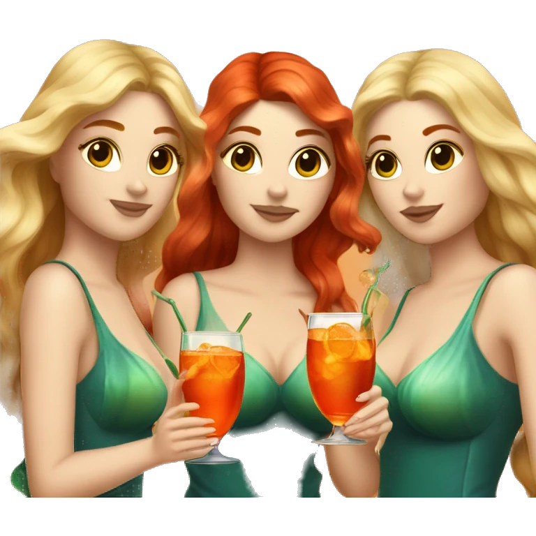 Three beautiful mermaids (blond, brown and red hair) drinking aperol emoji