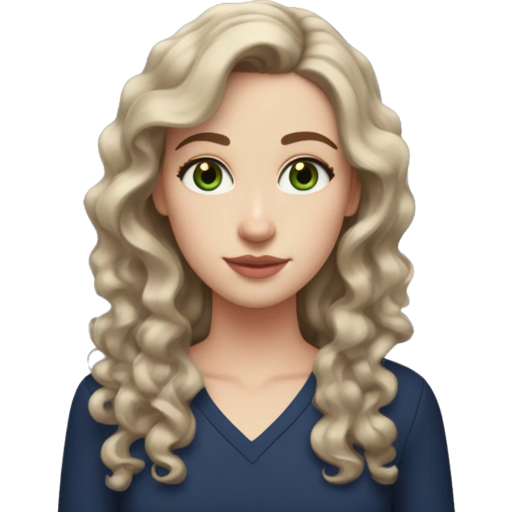 A pale white girl with curly brown hair that reaches down to her chest, her hairstyle parted in the middle, grayish green eyes with a mole next to her left eye and wearing a navy blue shirt and natural pink lips. emoji