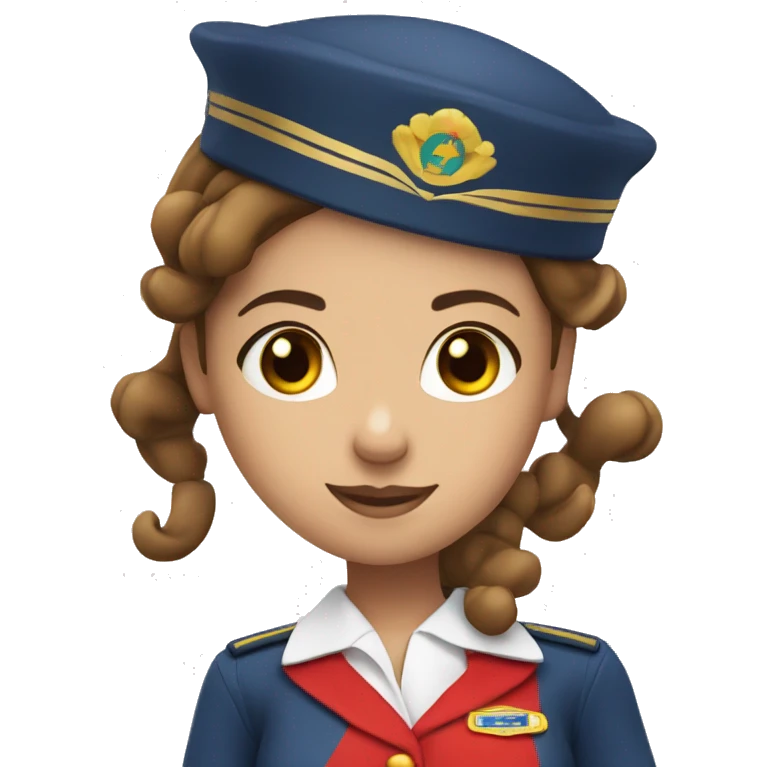 A white stewardess with brown hair in a red uniform and a red beret with brown eyes emoji