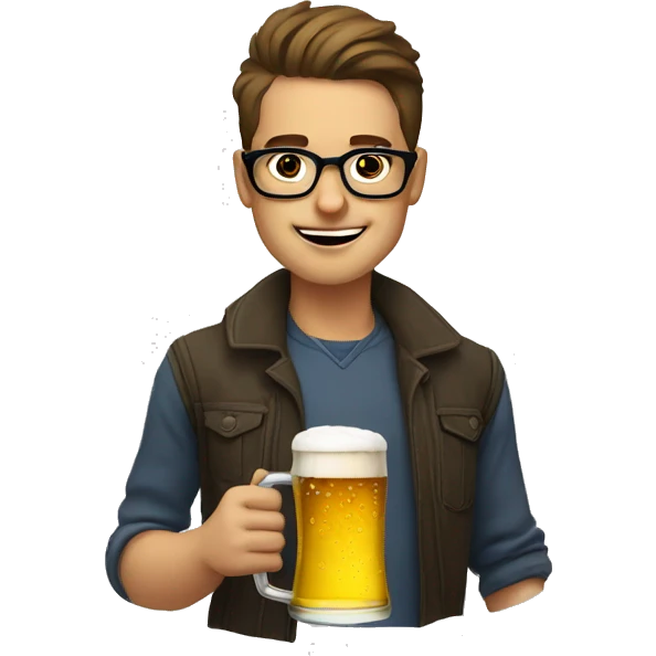 stylish young man with glasses drinking a beer by a cae emoji