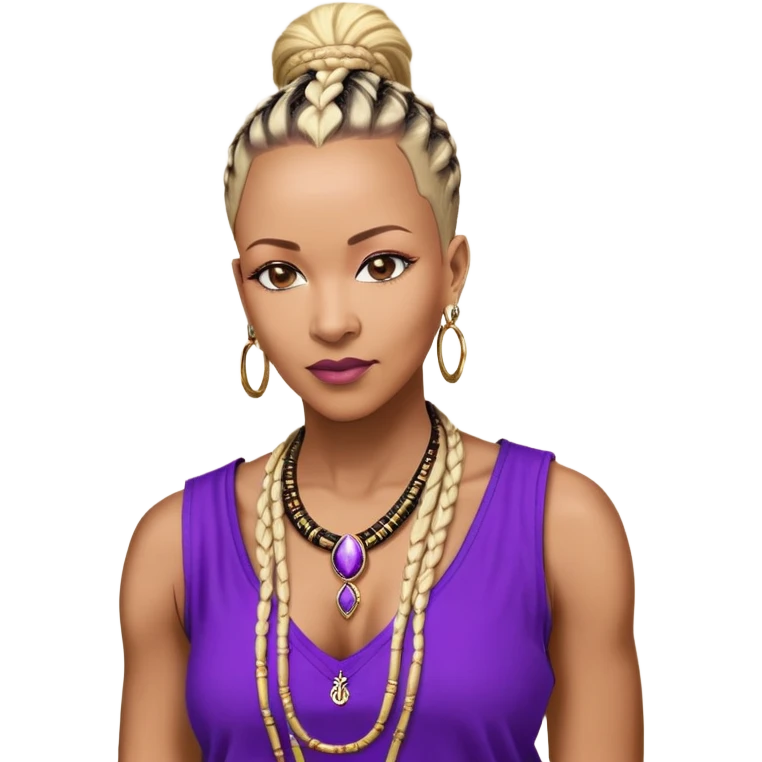 African american 57yr old , brown chocolateskinned  woman who is 5ft 6in with a blonde and black mohawk of individual braids, with low shaved side haircut,
wearing a purple,  dashiki, with an gold  necklace of Draya inscribed,  wearing big gold bamboo earrings in ears with the name engraved of Draya emoji