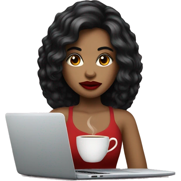 Girl with black hairs black eyes with red lips and laptop and cup of coffee  emoji