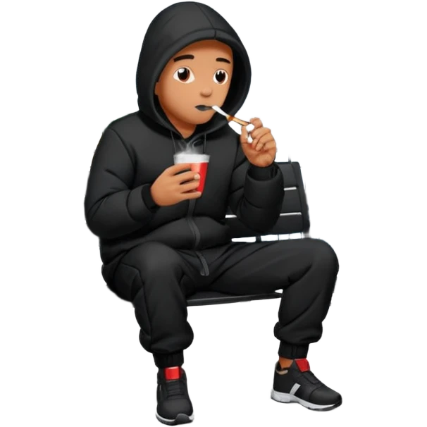 A man sitting on a chair, wearing a black puffed coat with hood and jogging pants, he is smoking a cigaret and drinks a coffee, he is freezing outsider, he is on a chair, the chair is an outside coffe terrasse black metal chair emoji