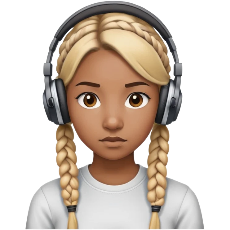 "- Nữ
- 20 tuổi
- Da nâu
- Tóc tết 2 bím, tóc vàng
- Đeo tai nghe
- Mặt nghiêm túc
" emoji