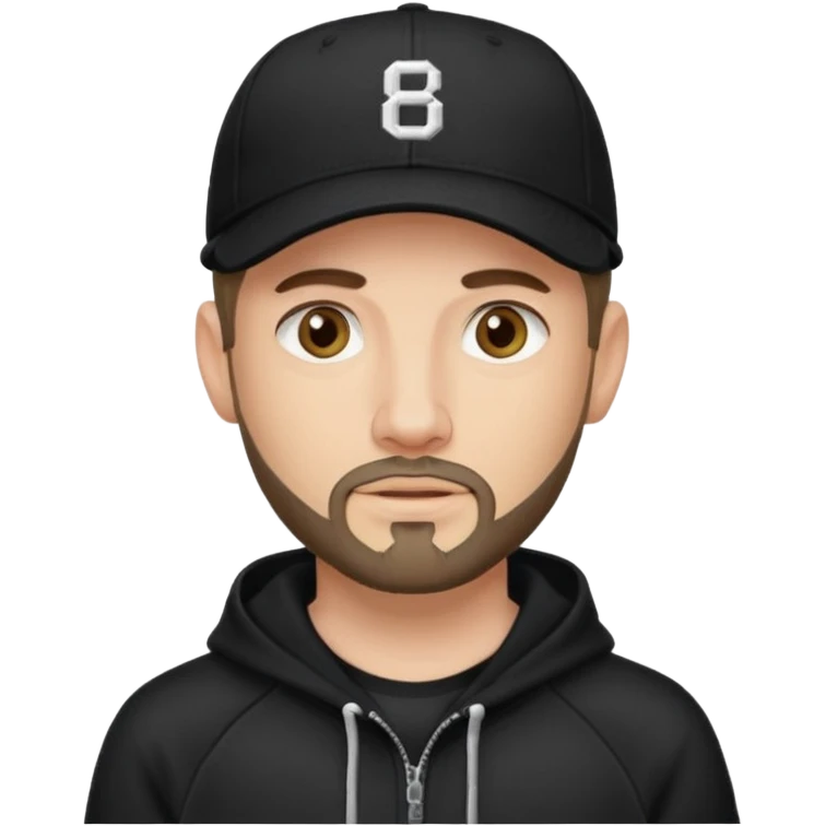 Hombre de ojos claros, con barba fina y perilla, gorra negra de baseball bordada con un 8, y sudadera negra emoji