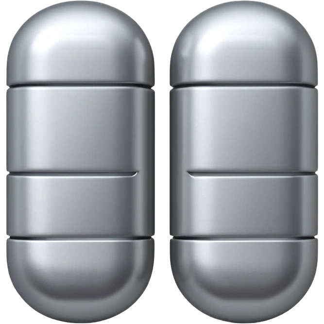 capsule pill emoji, metallic silver halves, smooth glossy finish, futuristic pharmaceutical 3D icon, isolated on white emoji