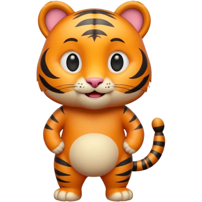 Cute tiger emoji, full body, standing pose, smiling face, big round eyes, orange fur with black stripes, chubby and adorable, short legs, small ears, 3D emoji style, smooth shading, bright colors, simple clean design, transparent background emoji