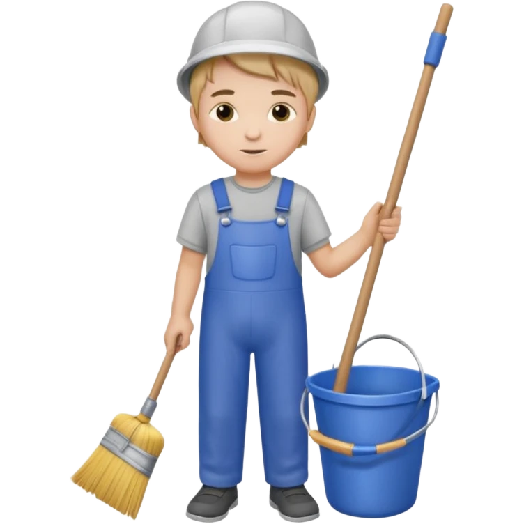 Boy in cleaning clothes, holding a broom and a bucket emoji