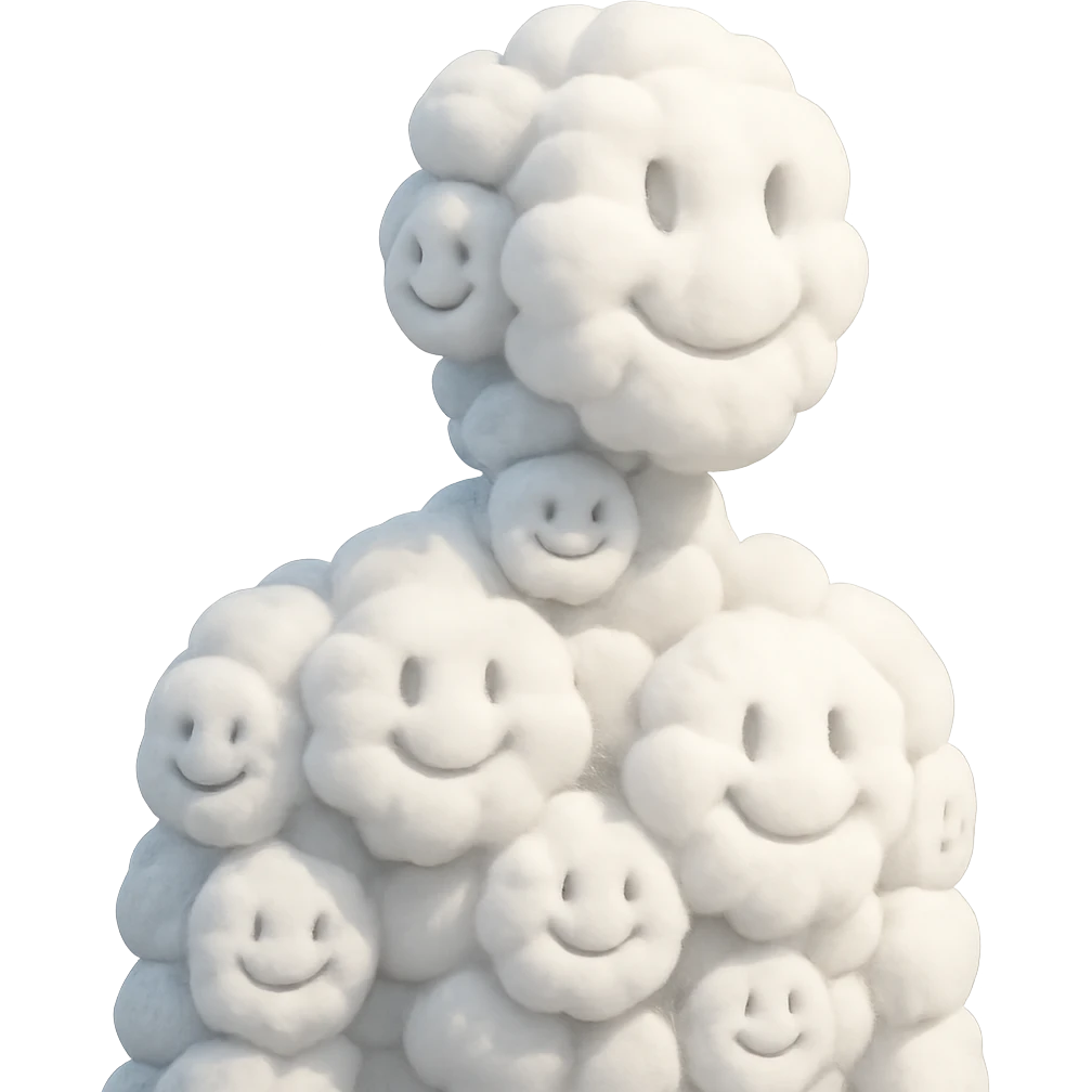 person made entirely of volumetric cloud smileys, shoulder view, looking straight emoji