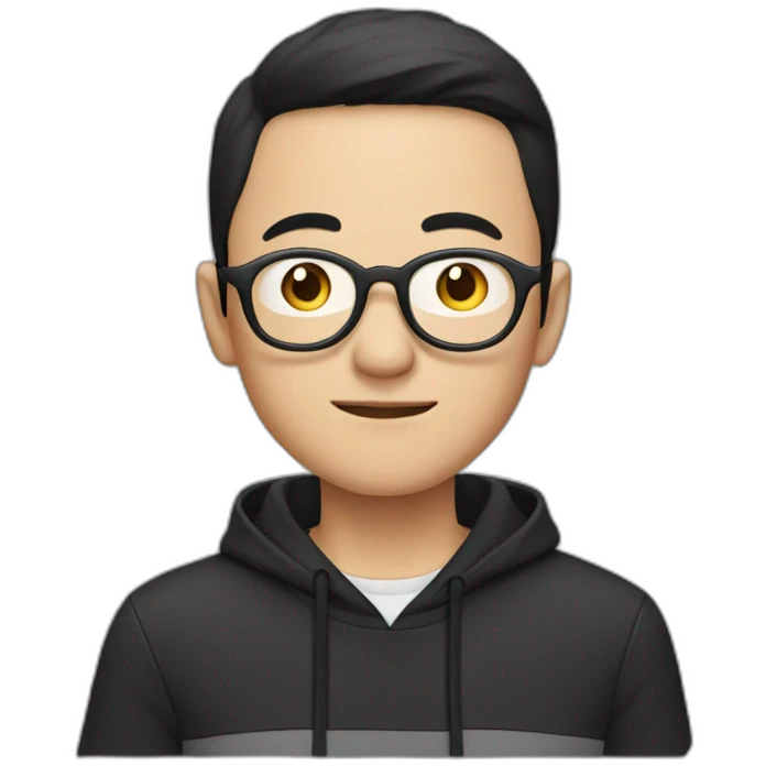 A mature Chinese boy with black hair and circle-shaped eyeglasses wearing black hoodie emoji