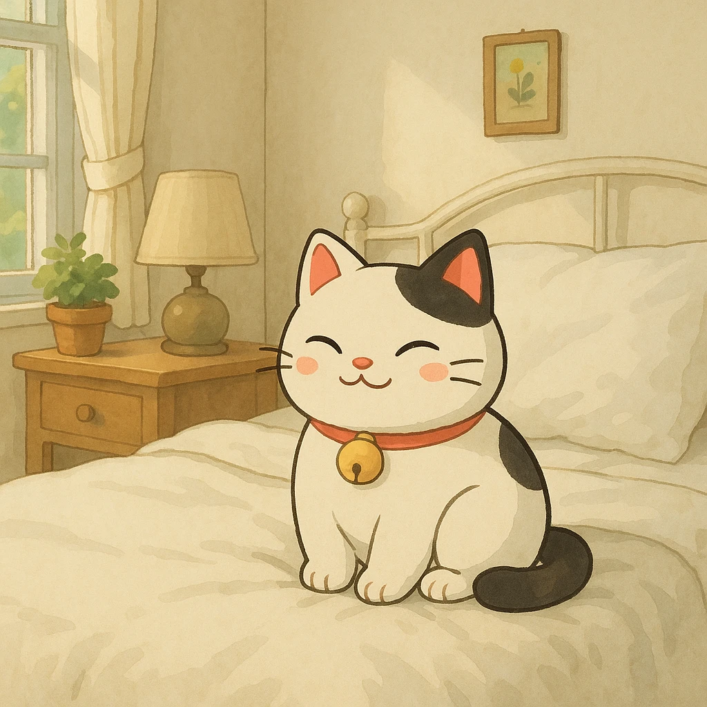 White and black Chinese lucky cat in a cozy white bedroom, kawaii  emoji