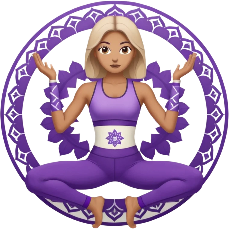 A woman in purple activewear holding warrior two pose, centered with a white mandala pattern behind her. emoji