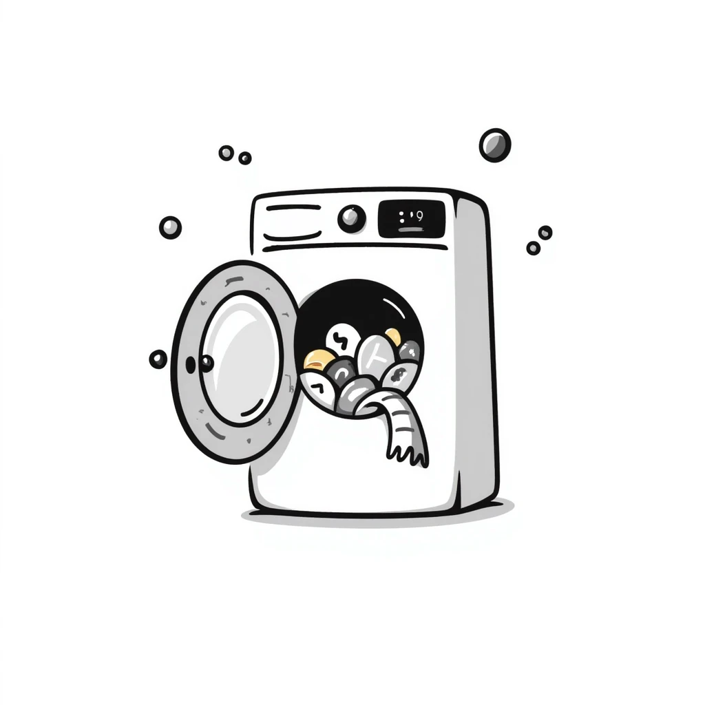 playful hand-drawn doodle of a washing machine with colorful bubbles and clothes peeking out emoji