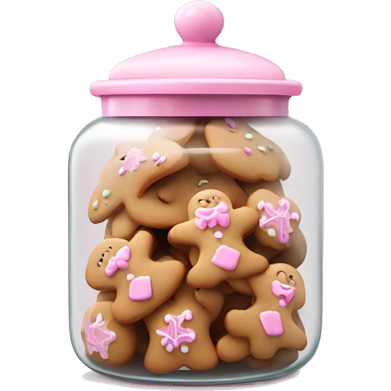 Realistic glass cookie jar with light pink lid full of gingerbread cookies isolated.  emoji