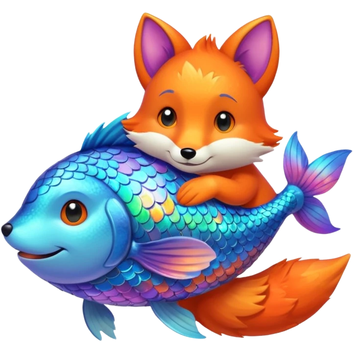 Make the rainbow fish glow a little larger, hugging or cuddling the fox emoji
