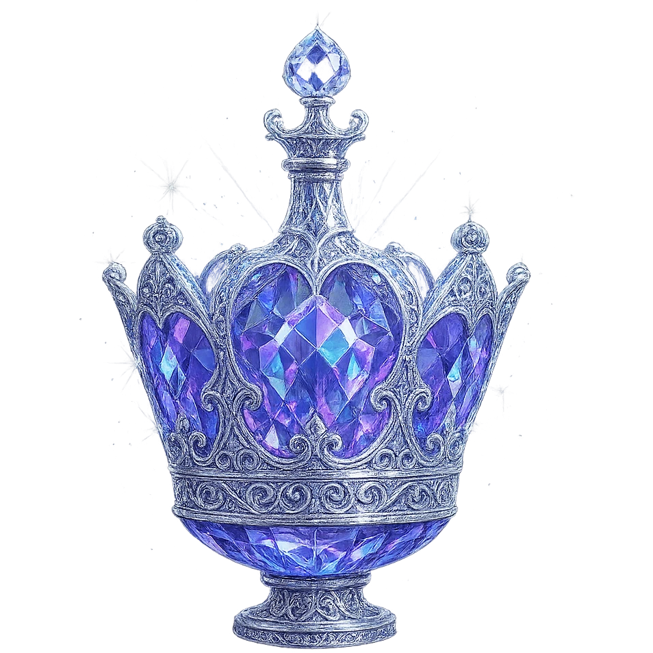 ultra luxurious crystal elixir bottle in crown shape, color #7986cb, extremely intricate multi-layered holographic and silver filigree, radiant crystal facets, magical glowing and sparkling effects, luminous light beams, very small neck, seamless ornate bottom, transparent background, bottle clearly floating in air, no base or shadow, not standing, modern, collection style, breathtakingly beautiful and refined emoji