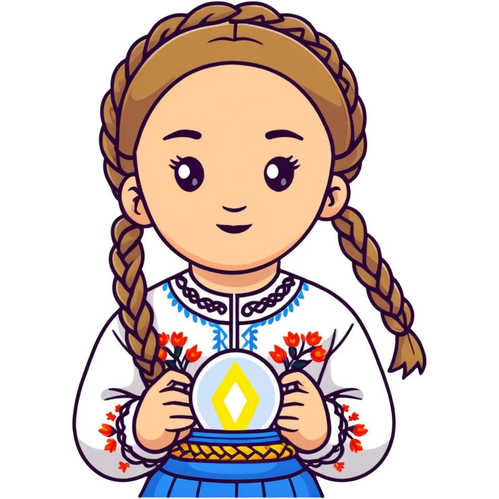 Young Ukrainian girl with braided hair in white traditional embroidered Ukrainian vyshyvanka shirt holding a small glowing light representing the soul emoji