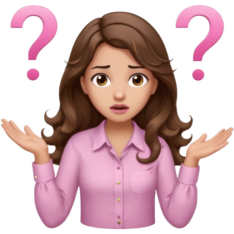 girl with wavy long brown hair, brown eyes, light to medium complexion, long lashes, light pink lipstick, wearing light pink shirt, shrugging with both hands, confused, question mark emoji
