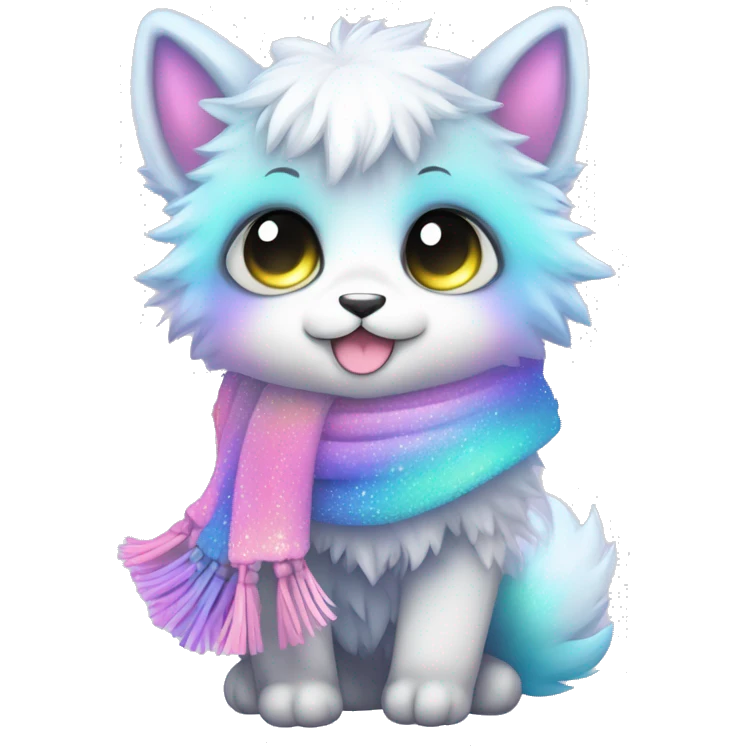 Edgy Kawaii cute gorgeous colorful sparkly bright light pastel gradient fantasy ethereal fluffy fursona animal creature with a cute scarf full body emoji