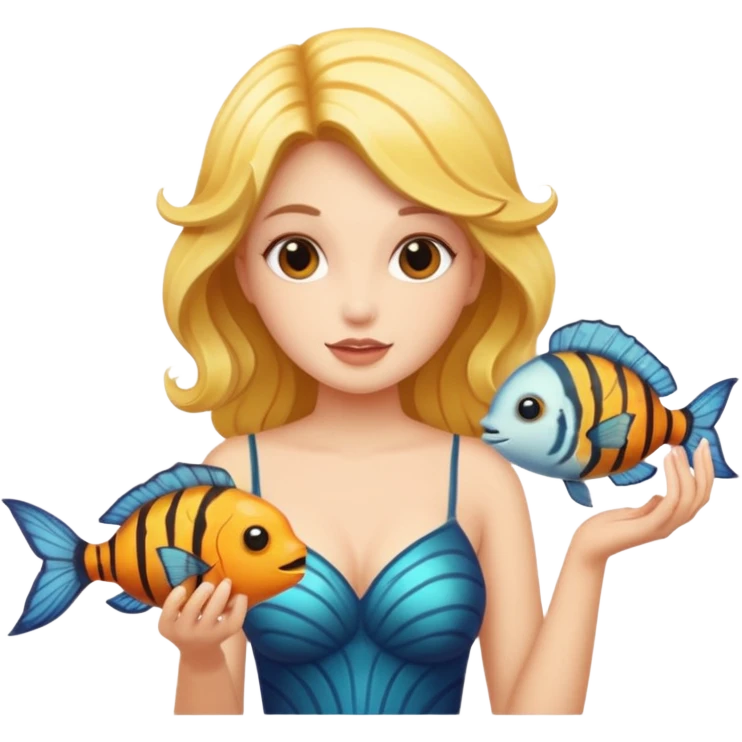 A siren holding a Monarch butterfly and playing with a puffer fish emoji