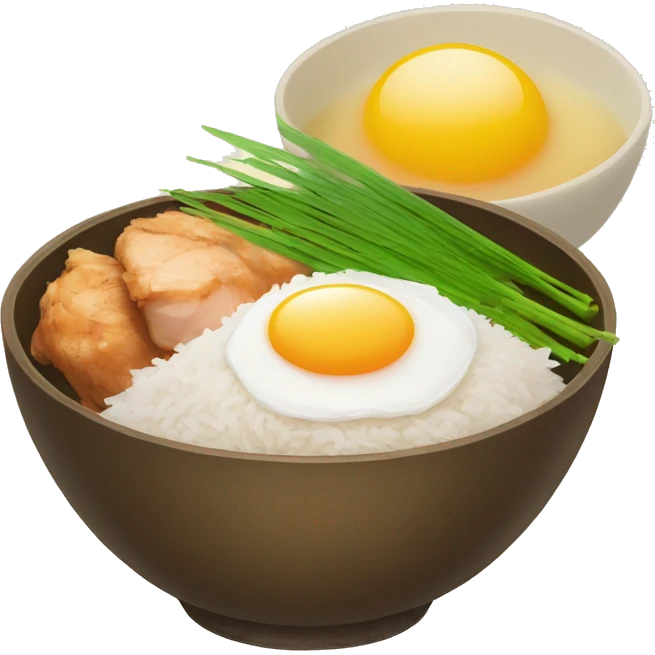 a bowl of rice with two eggs and two chicken emoji