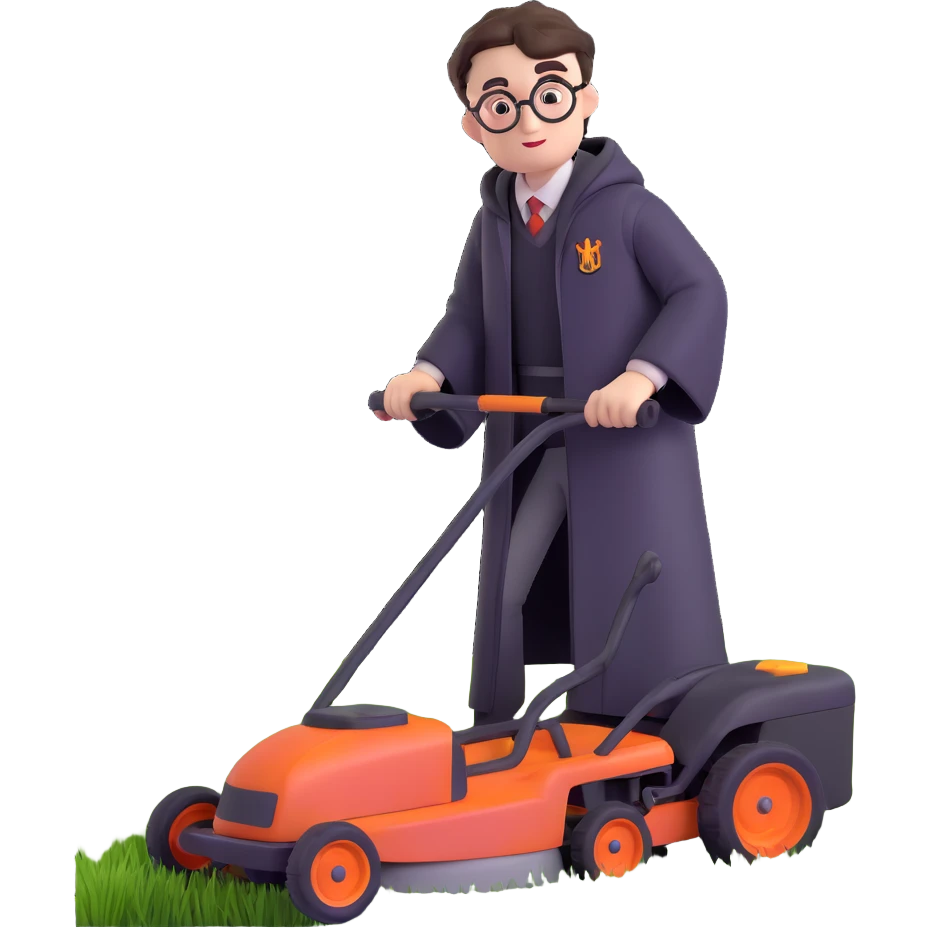 Harry Potter mowing the lawn on the Hogwarts Express train emoji