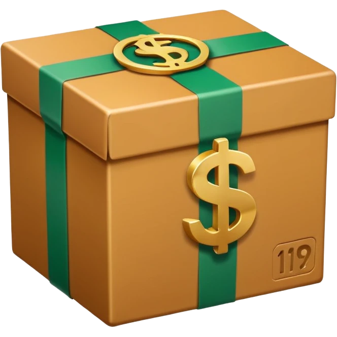 Closed box with smooth, rounded edges

Light honey‑brown tape strip with a glossy highlight

Flat green bill with a bold white dollar sign, anchored at the bottom left of the box

Slight soft shadow under the bill for depth

Plain white background for that crisp, emoji‑ready finish emoji