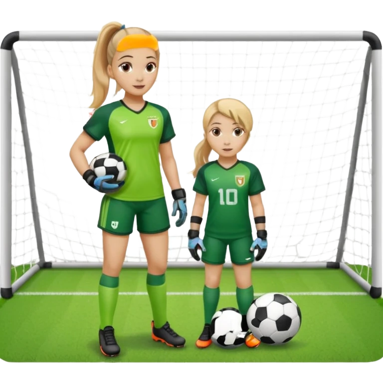 Make a dirty blonde football goalkeeper with goalkeeper gloves on holding a football. The girl is light skinned and wearing a football kit and football shoes. Standing in front of football goal. Wearing a ponytail with the dirty blonde hair emoji