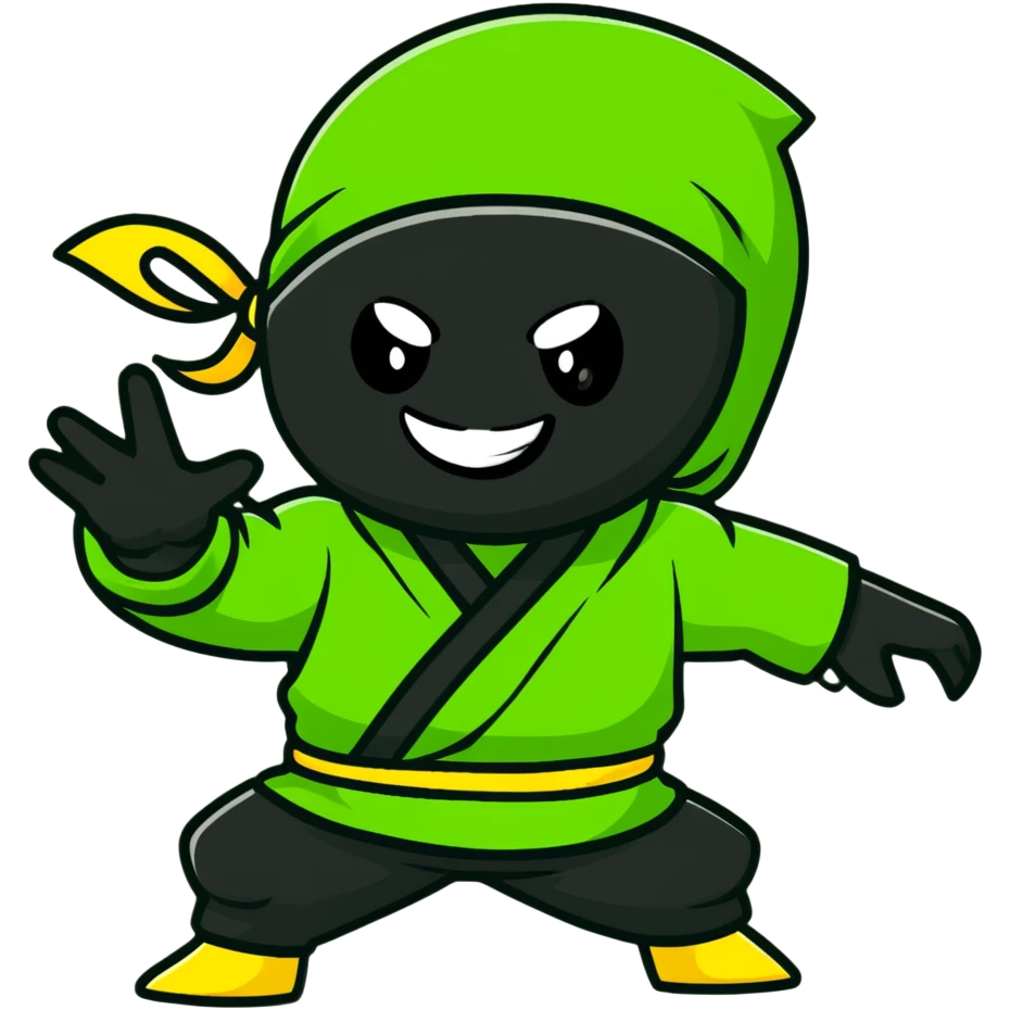 A confident ninja in yellow, green and black merged colors, smiling and saying "HI" emoji