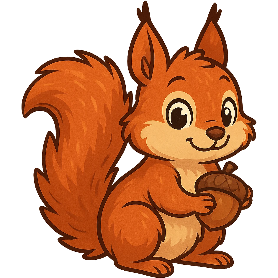 cartoon style red squirrel with fluffy fur holding a nut in paws, no background emoji
