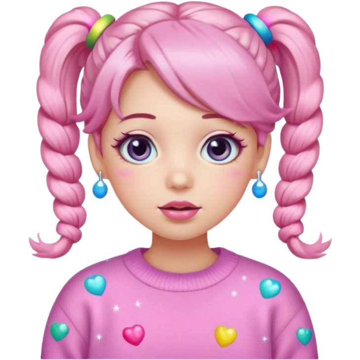 “Emoji girl, pastel pink blush, sparkly wide eyes, glossy bubblegum lips, hair in pigtails with colorful clips, oversized pastel sweater.” emoji