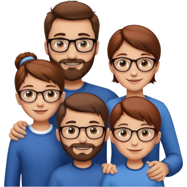 white European family smiling, tall man with brown hair and beard, shorter woman with brown hair in bun and glasses, 10-year-old boy with short brown hair, 8-year-old girl with long brown hair, 6-year-old boy with short red hair, emoji style emoji