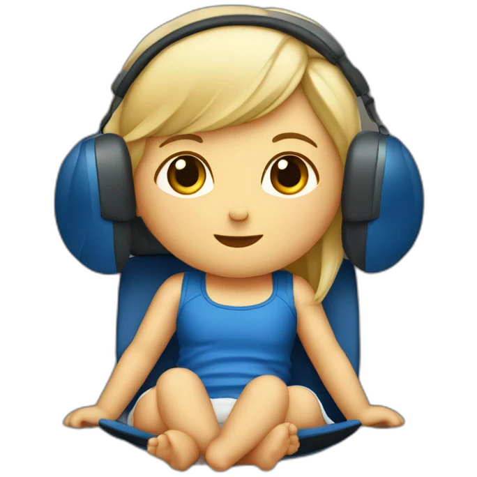 Petite fille blonde foncé avec un casque bleu assise sur un lit emoji